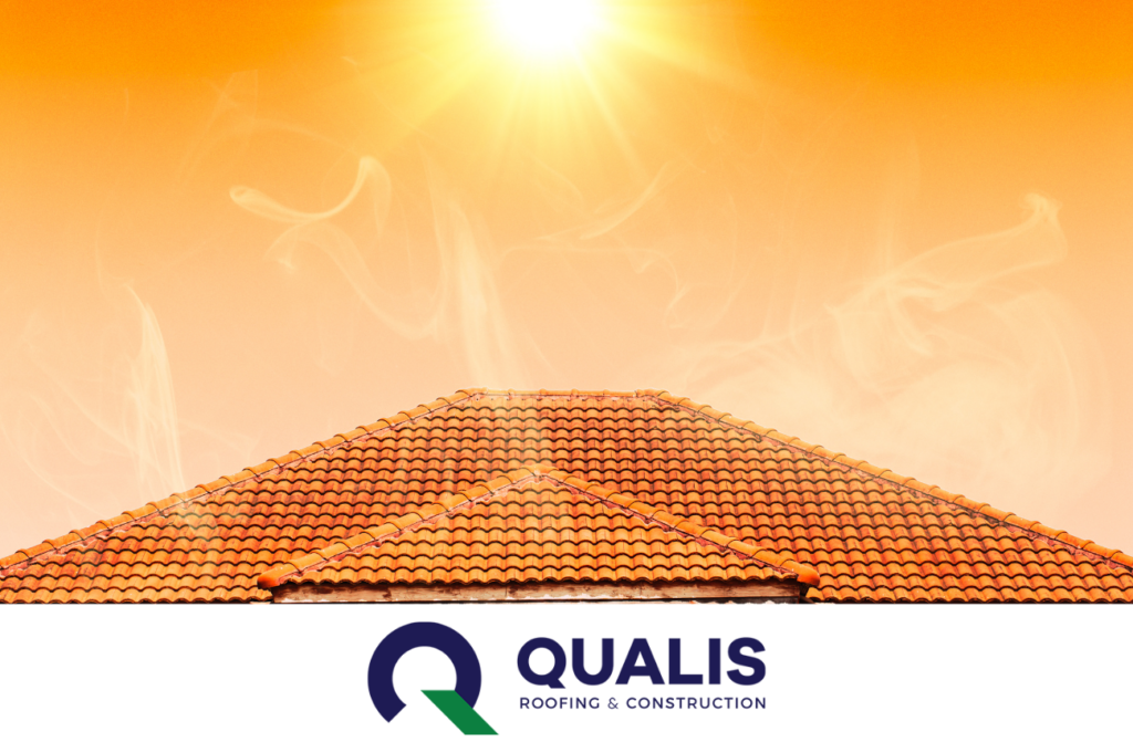 Orange tiled roof under a bright sun with the logo and text "QUALIS Roofing & Construction" at the bottom, ensuring top performance even during hot Dallas summers.